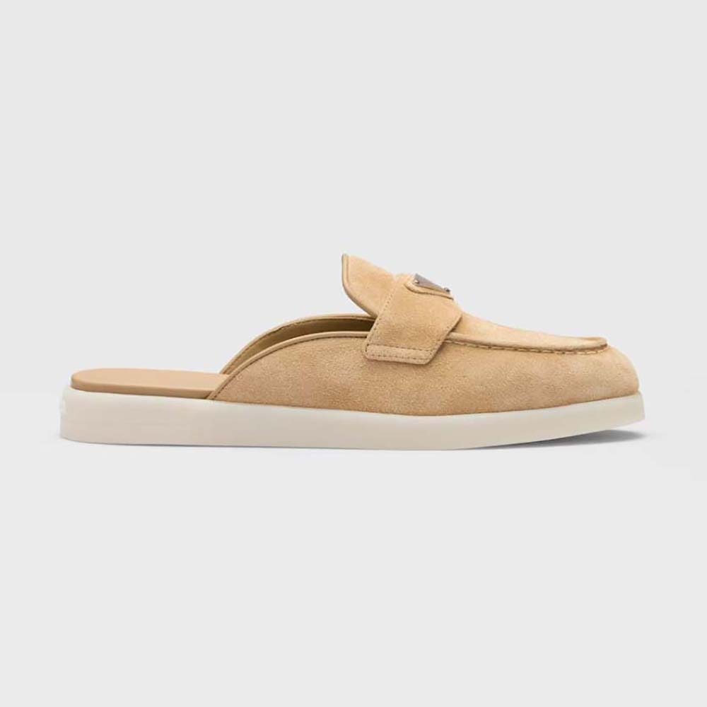 Side view of Prada Unisex Suede Leather Sabots with Enameled Metal Triangle Logo-Brown