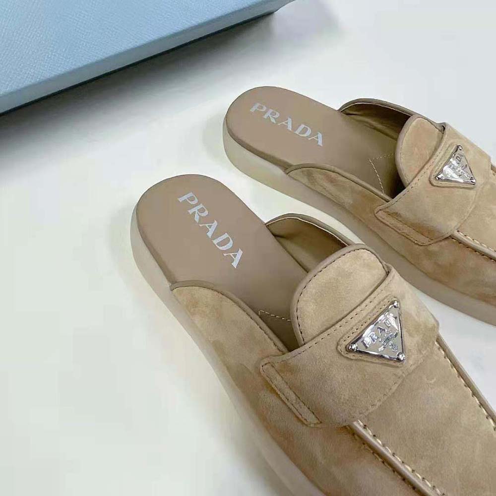Prada Unisex Suede Leather Sabots with Enameled Metal Triangle Logo-Brown - image 6