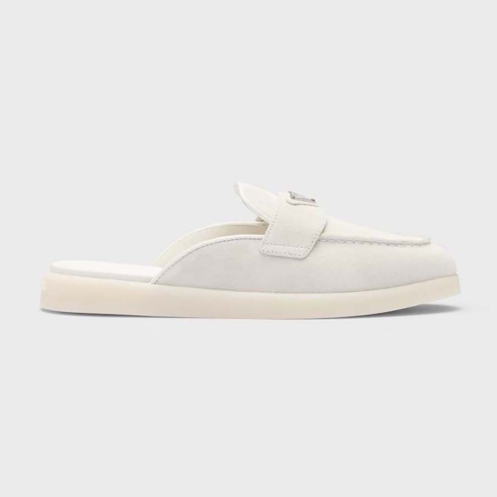 Side profile of Prada Unisex Suede Leather Sabots with White suede and logo