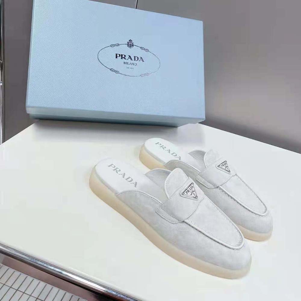 Overhead view of white Prada Unisex Suede Leather Sabots showing silhouette