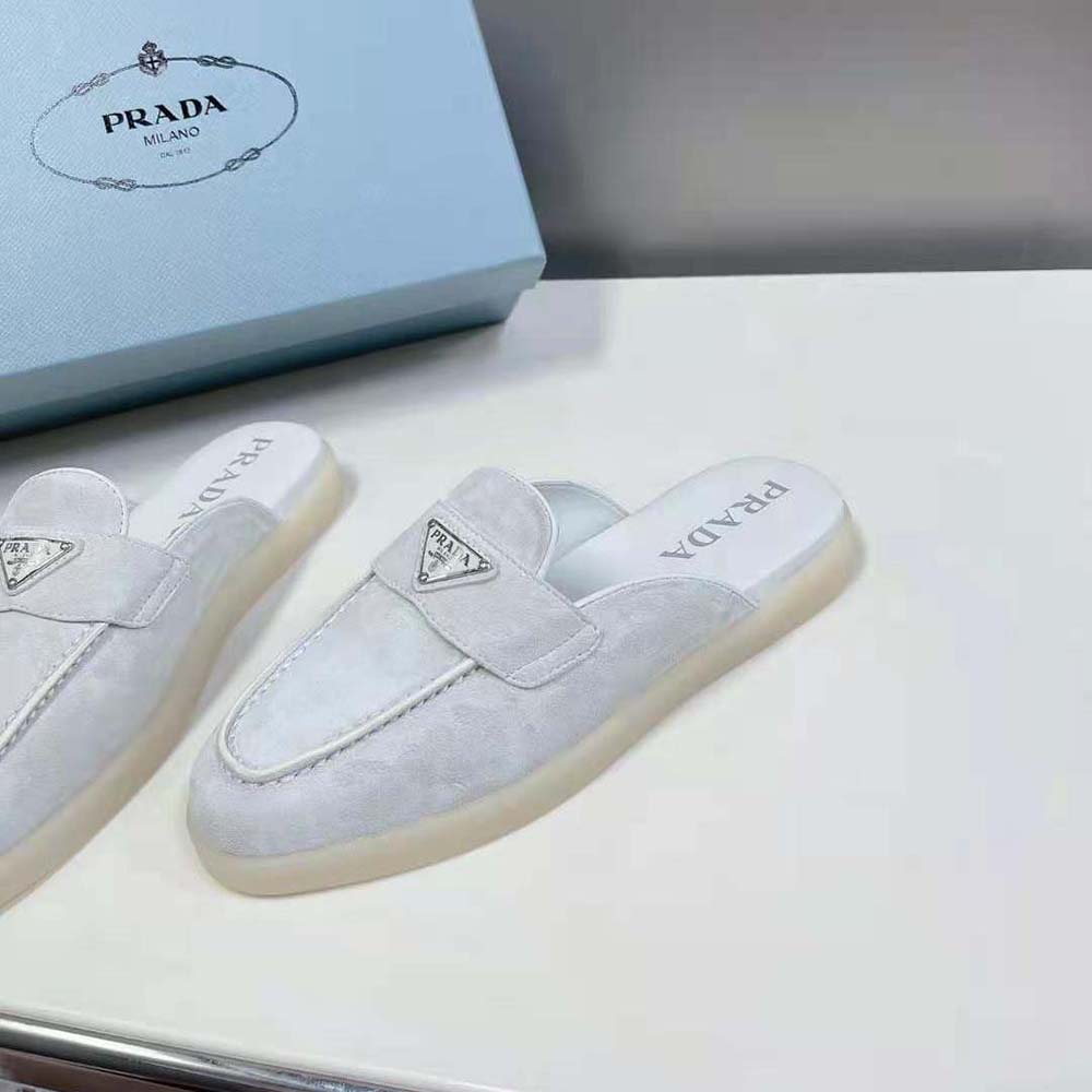 Prada Unisex Suede Leather Sabots with Enameled Metal Triangle Logo-White - image 4