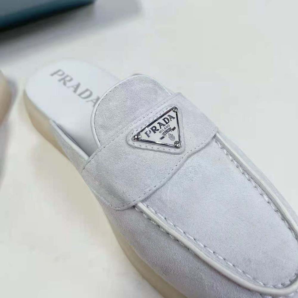 Prada Unisex Suede Leather Sabots with Enameled Metal Triangle Logo-White - image 8