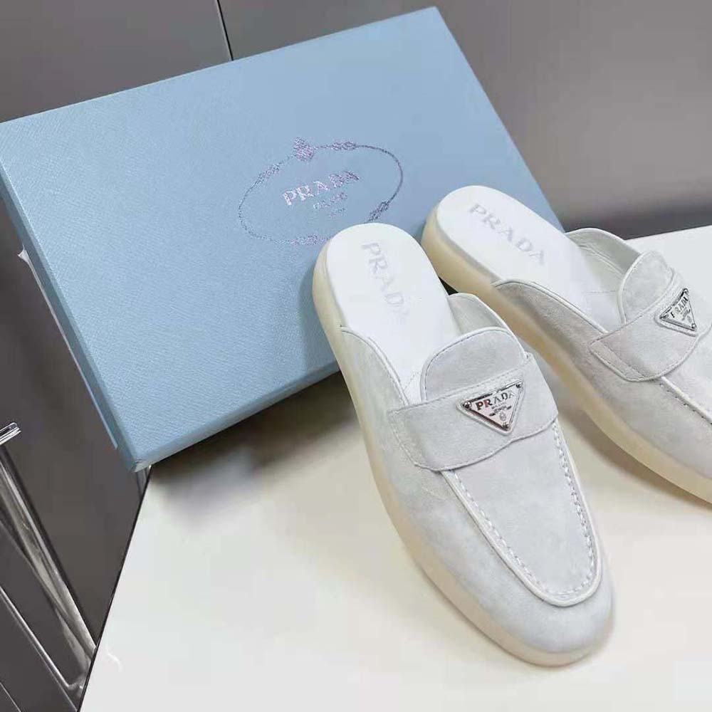 Prada Unisex Suede Leather Sabots with Enameled Metal Triangle Logo-White - image 5