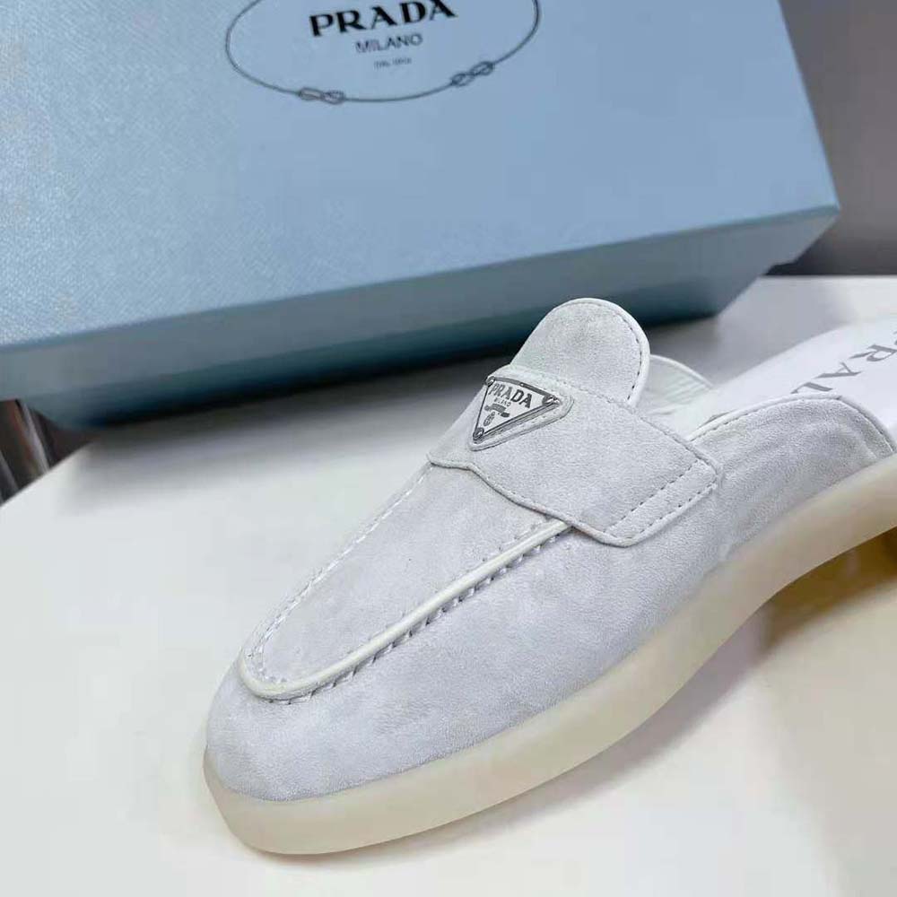 Prada Unisex Suede Leather Sabots with Enameled Metal Triangle Logo-White - image 7
