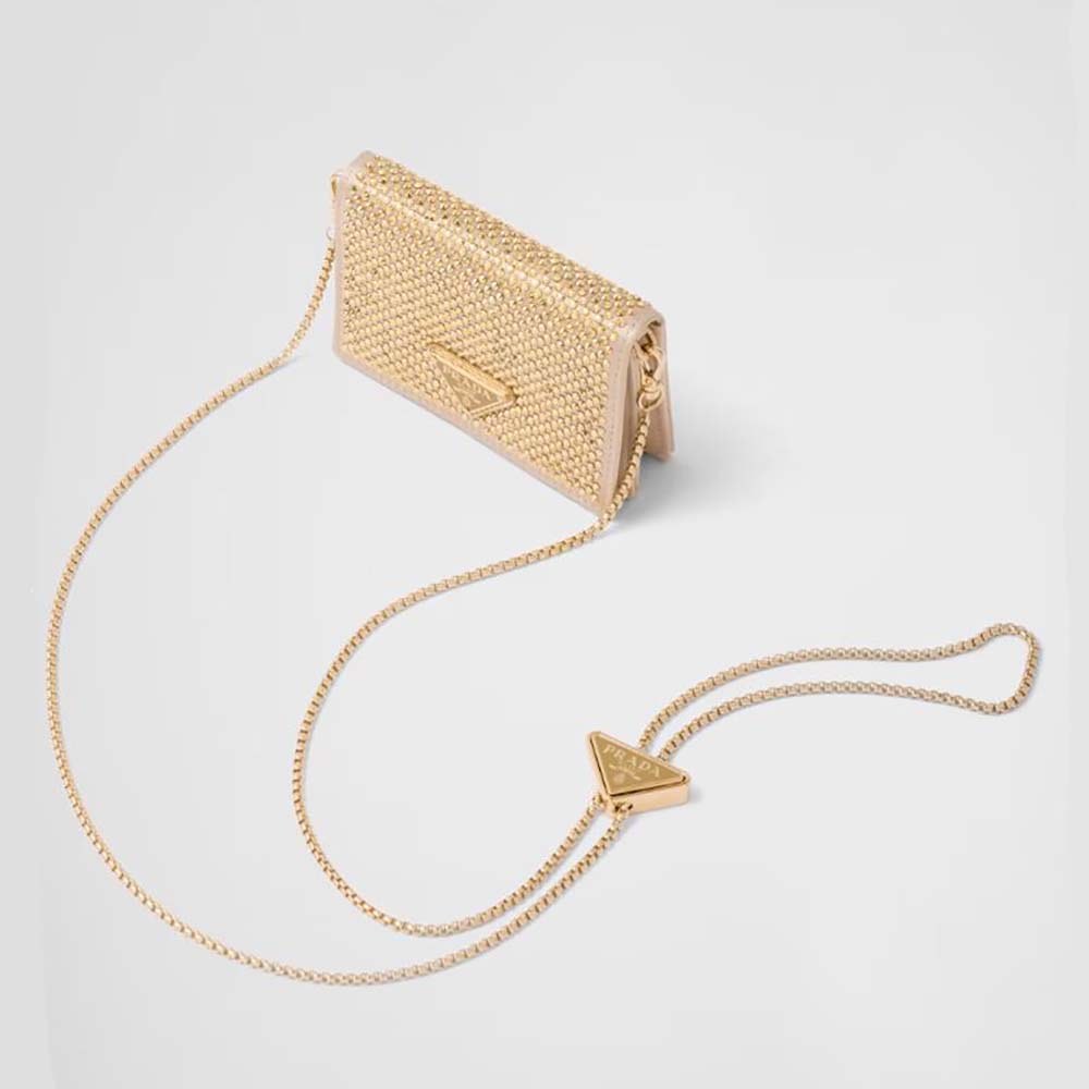 Front view of Prada Women Cardholder with Shoulder Strap and Crystals-Gold