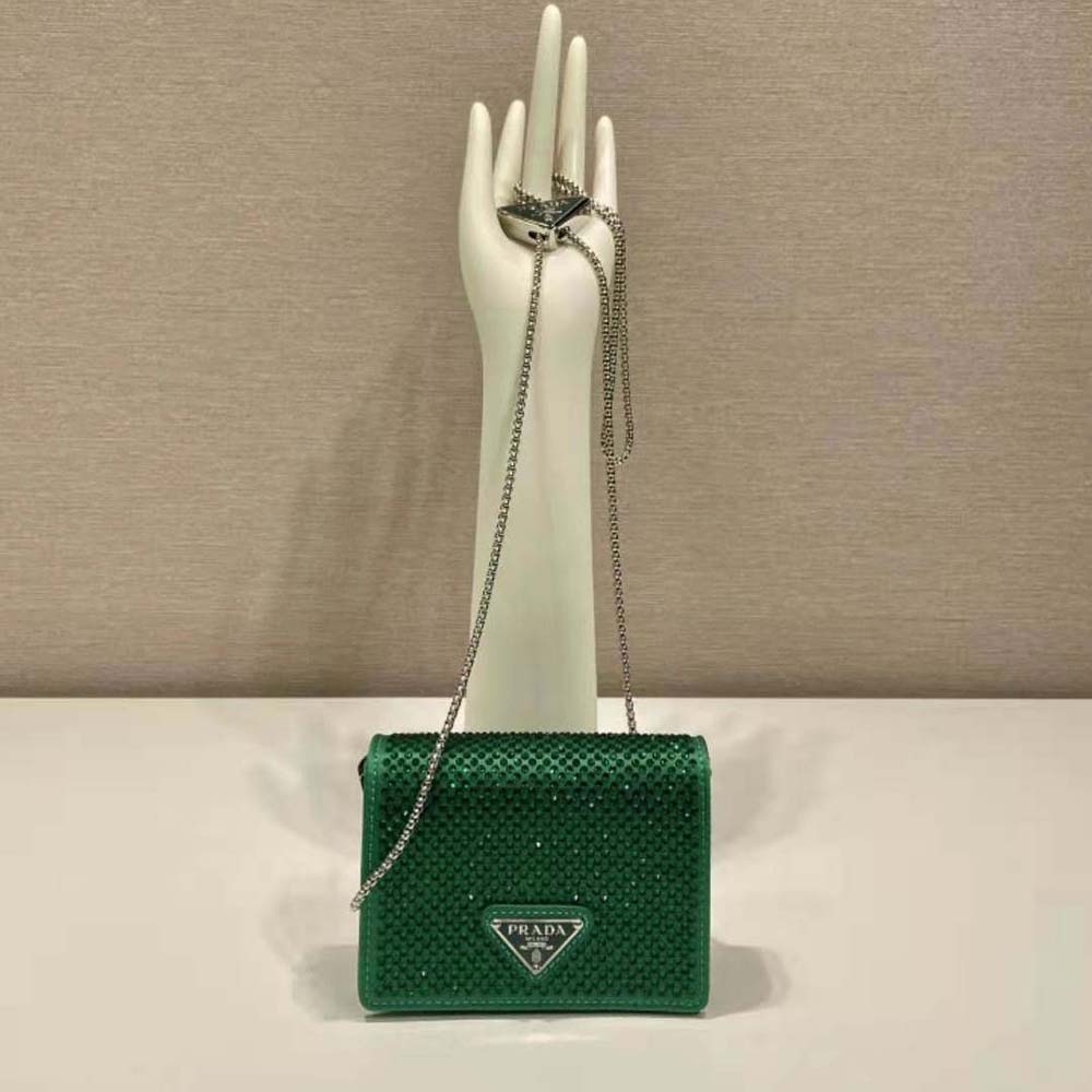 Close-up of crystal embellishments on Prada Women Cardholder green leather