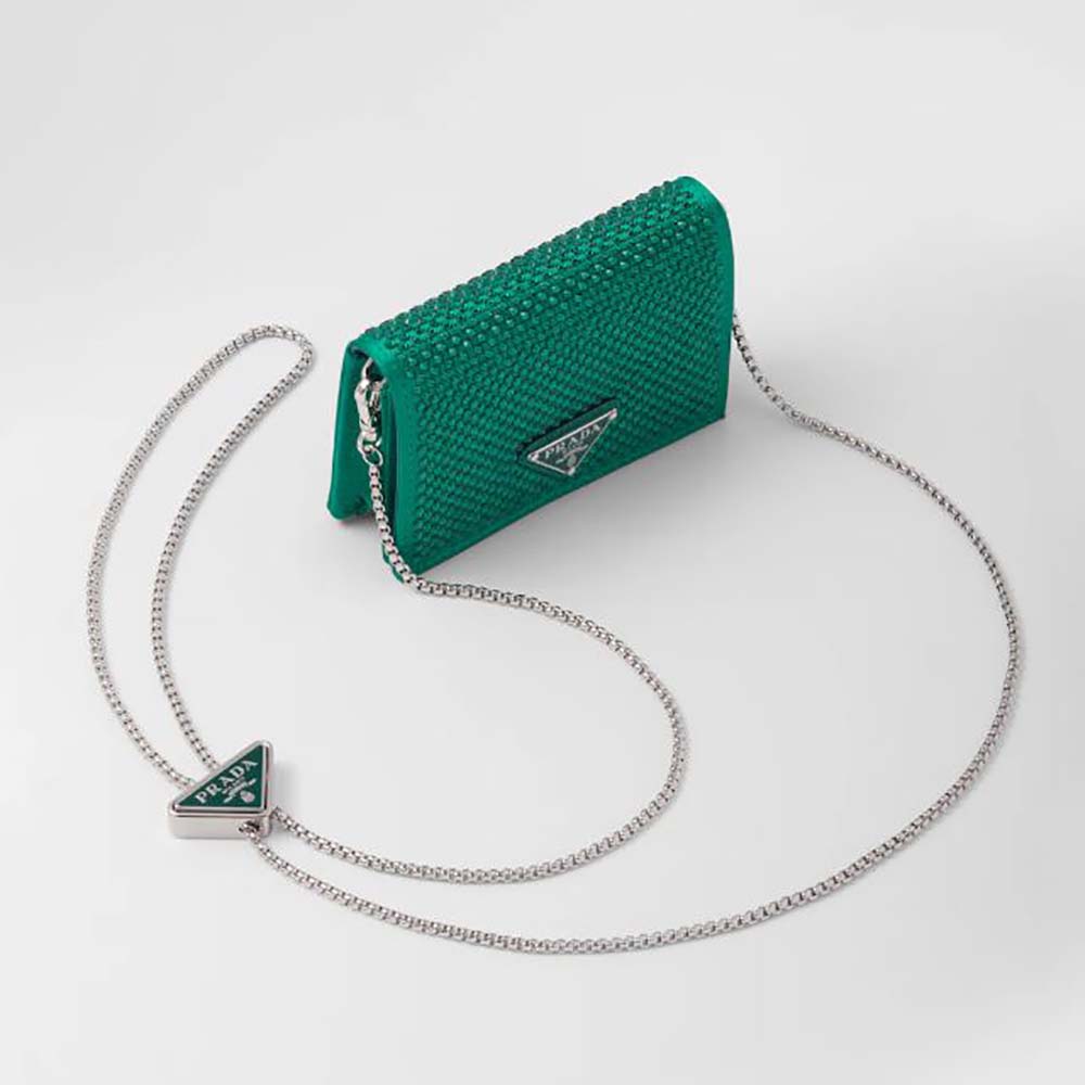 Front view of Prada Women Cardholder with Shoulder Strap and Crystals-Green