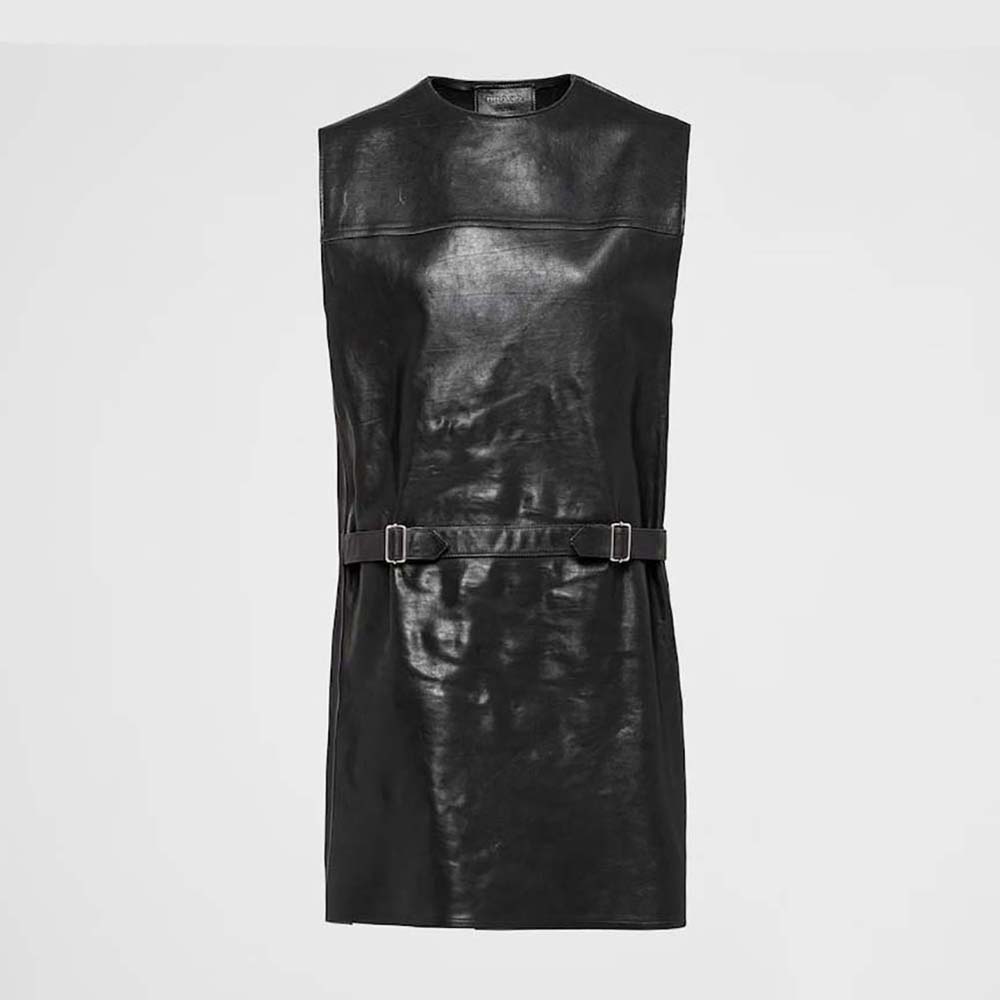 Front view of Prada Women Leather Dress with Knit Triangle Logo-Black