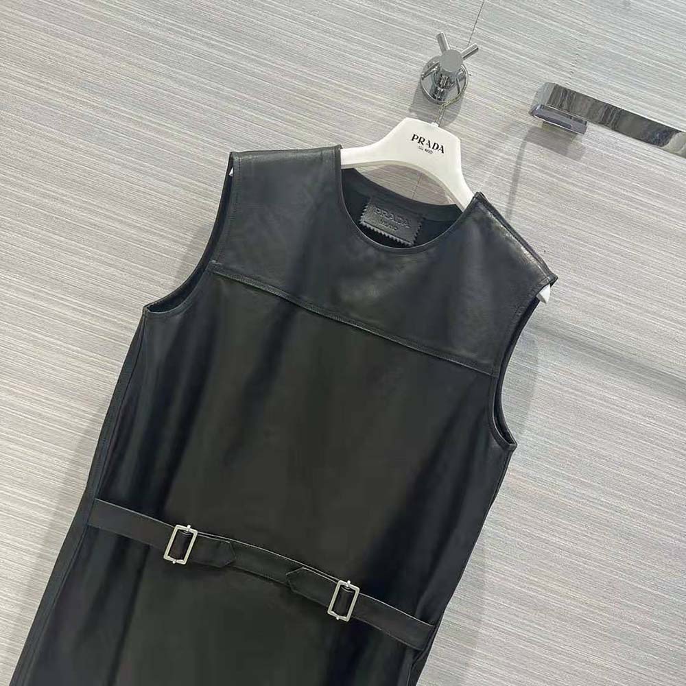 Prada Women Leather Dress with Knit Triangle Logo-Black - image 4