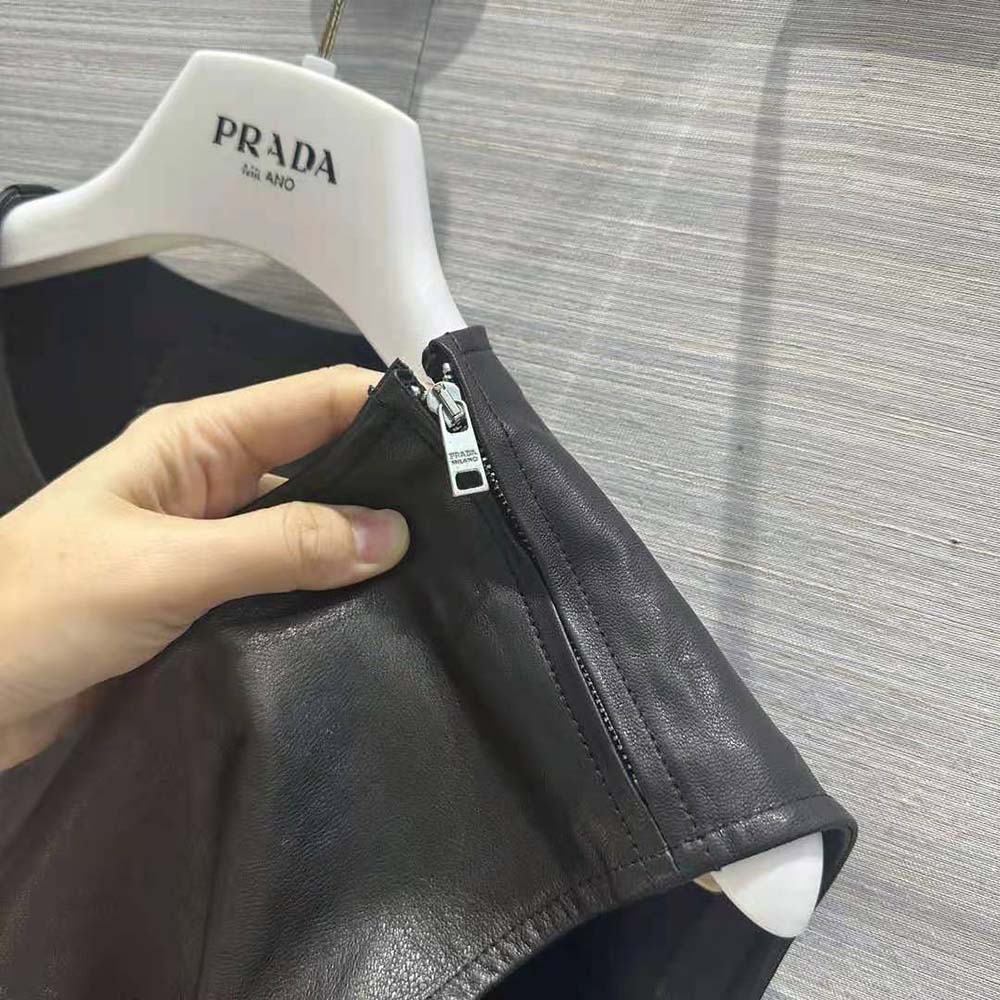 Prada Women Leather Dress with Knit Triangle Logo-Black - image 9