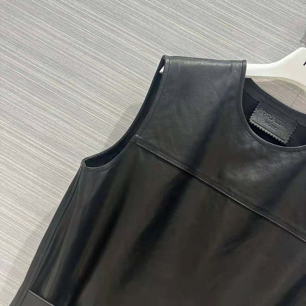 Prada Women Leather Dress with Knit Triangle Logo-Black - image 8