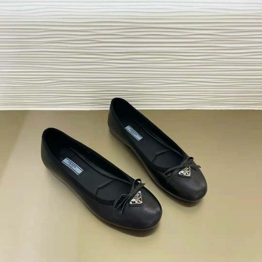 Top view highlighting rounded toe and slip-on silhouette of Prada ballerinas