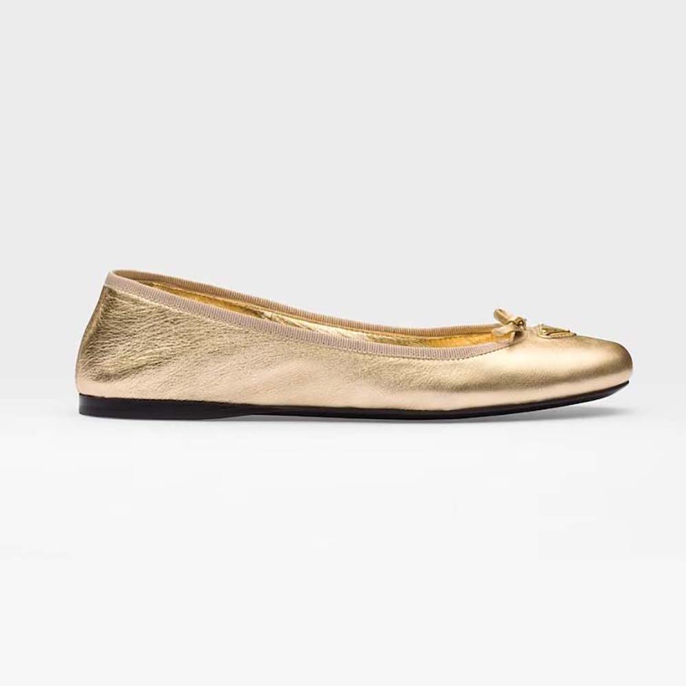 Side view of Prada Women Nappa Leather Ballerinas-Gold showing silhouette