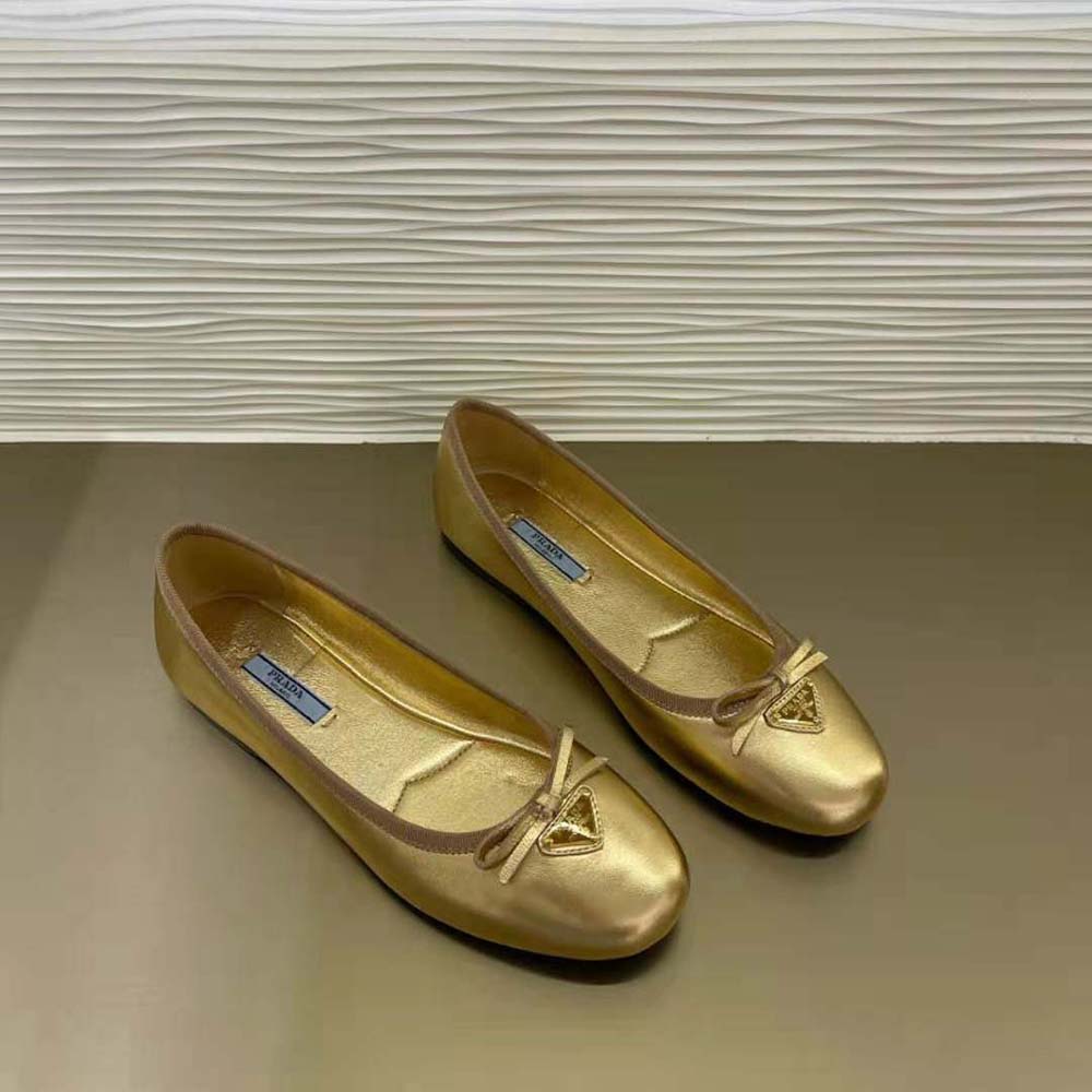 Top view of Prada Women Nappa Leather Ballerinas-Gold with soft leather texture