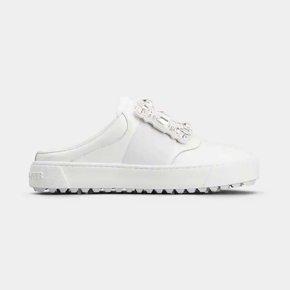 Side view of Roger Vivier Women Very Vivier Strass Buckle Mules in Leather-White