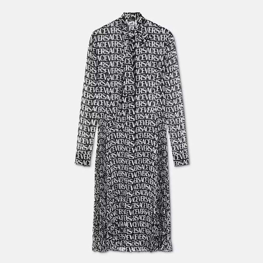 Front view of Versace Women Allover Midi Shirt Dress-Black
