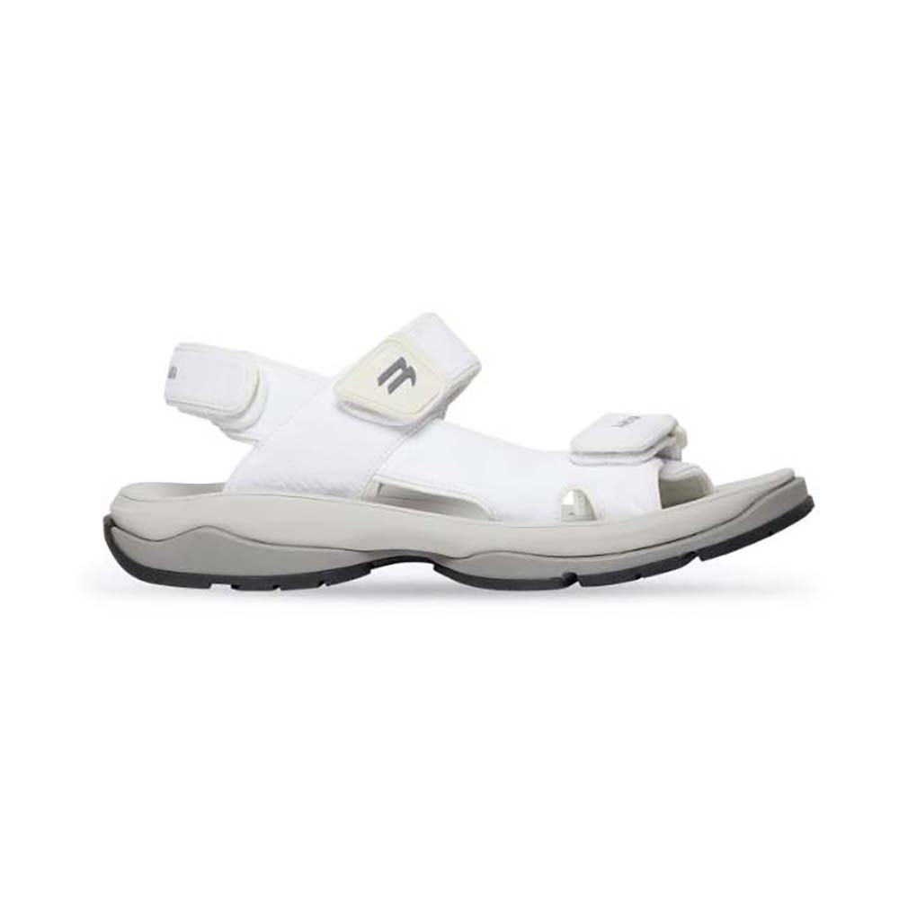 Side view of Balenciaga Unisex Tourist Sandal in white, grey, black technical material