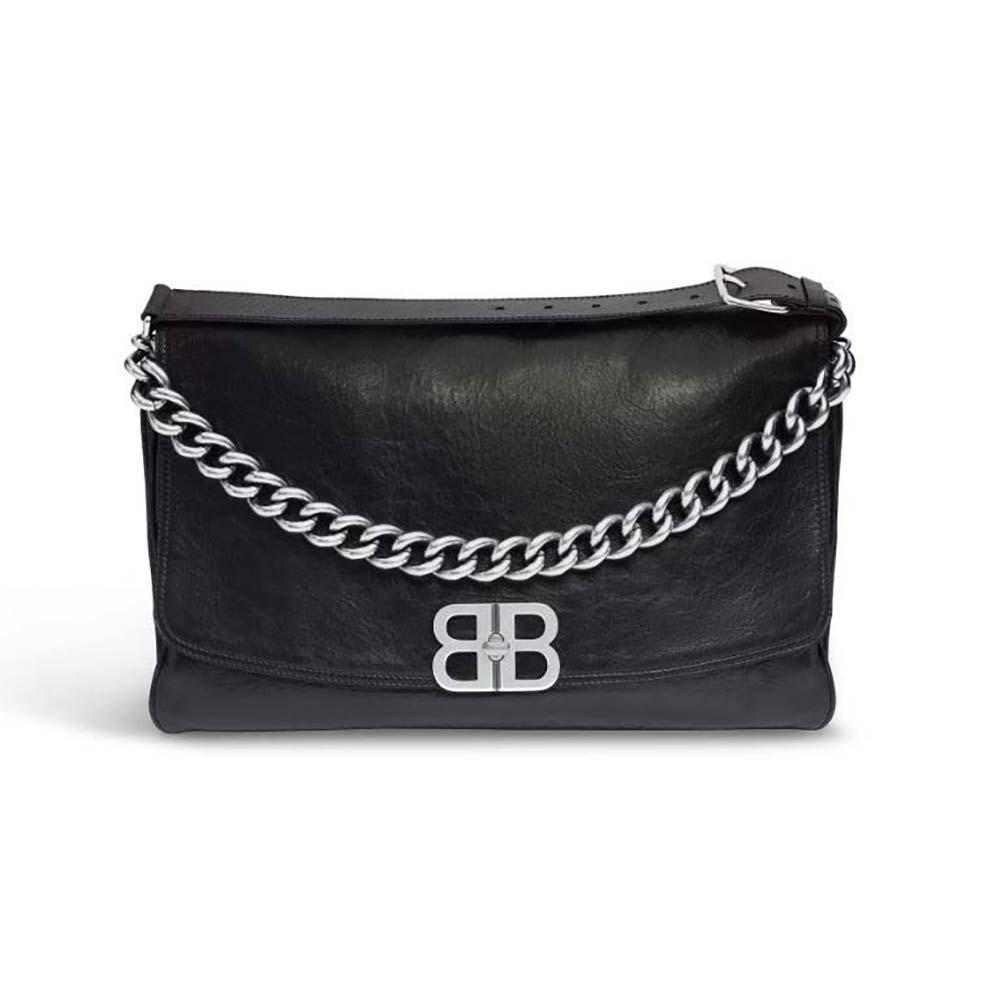 Front angle view of Balenciaga Women BB Soft Large Flap Bag in Black