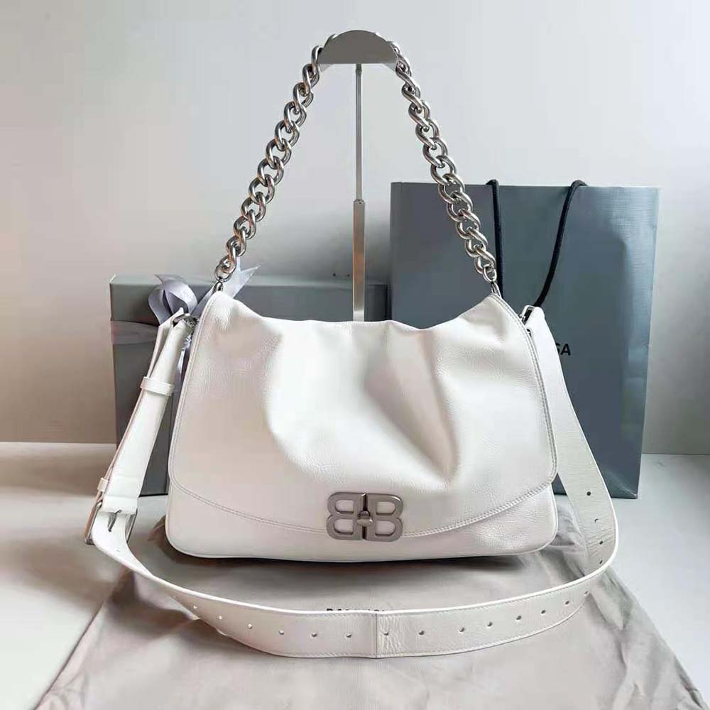 Close-up of silver BB logo hardware on Balenciaga Women BB Soft Large Flap Bag