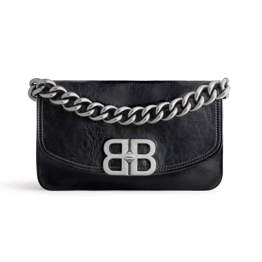 Front view of Balenciaga Women BB Soft Small Flap Bag in Black