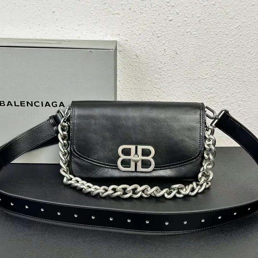 Side angle showing compact silhouette of Balenciaga Women BB Soft Small Flap Bag