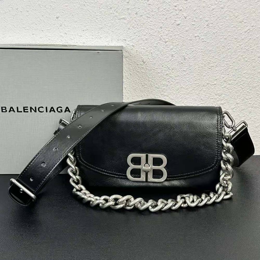 Close-up of polished silver BB logo on Balenciaga Women BB Soft Small Flap Bag