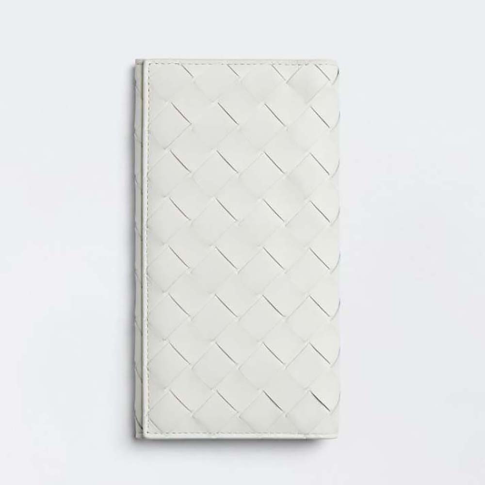 Front view of Bottega Veneta Unisex Long Intrecciato Wallet-White displaying woven leather