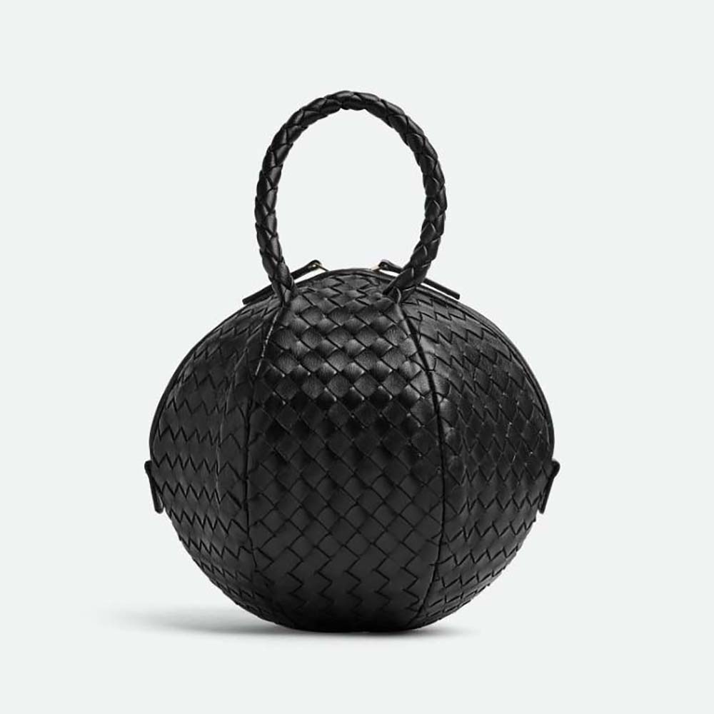 Front view of Bottega Veneta Women Mava Top Handle Bag-Black showing woven leather