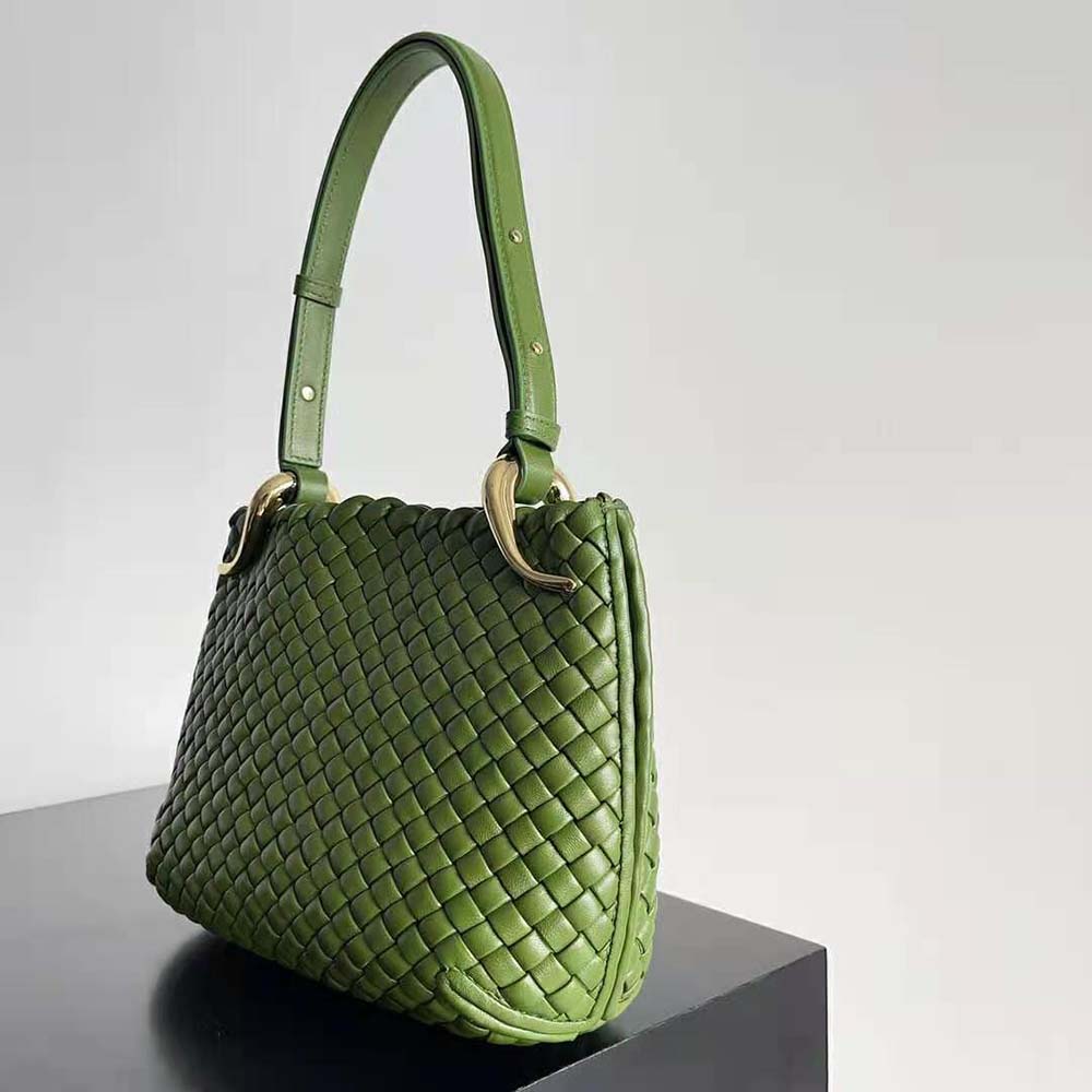 Side angle showing matte gold hardware on Bottega Veneta Shoulder Bag