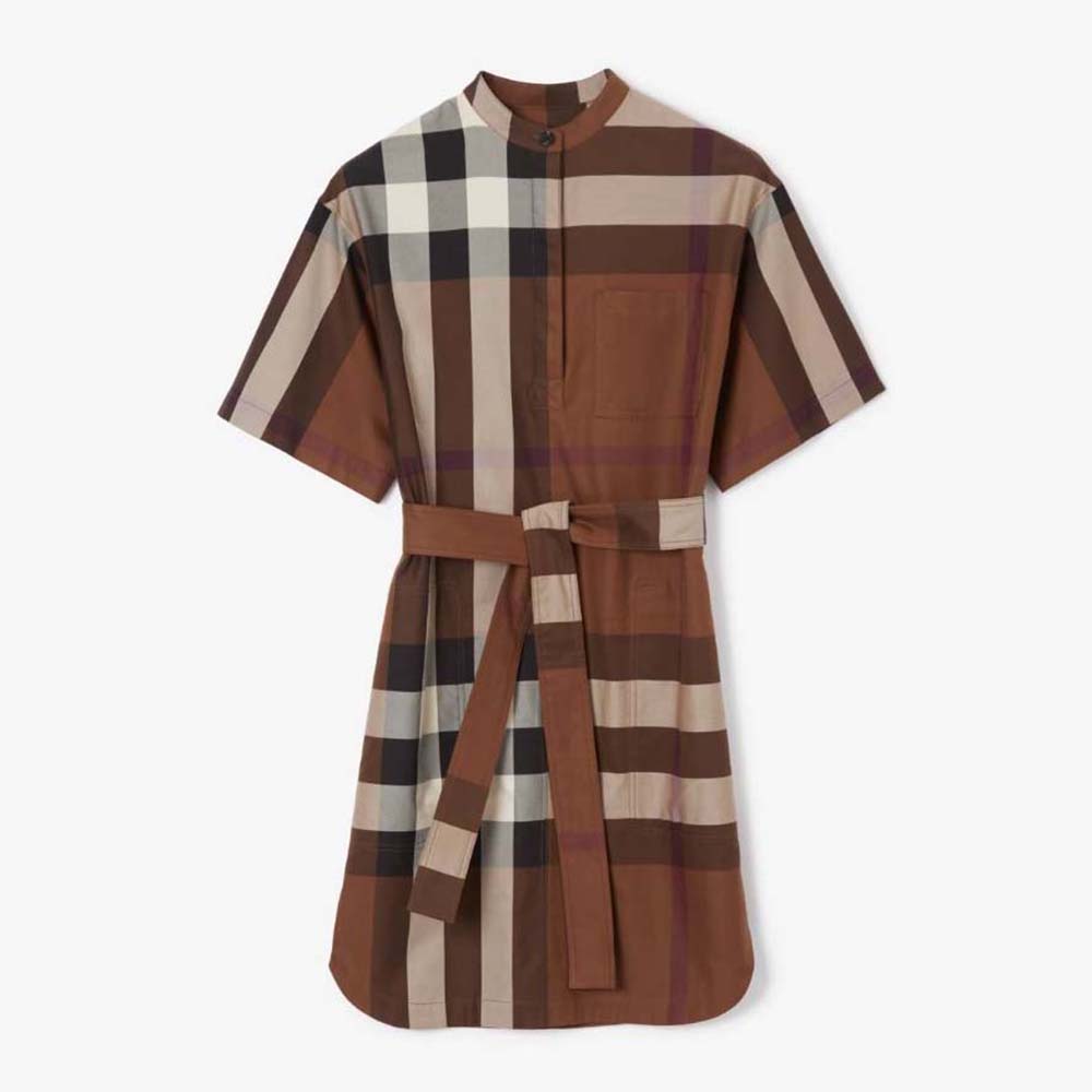 Front view of Burberry Women Check Cotton Tie-waist Shirt Dress in brown