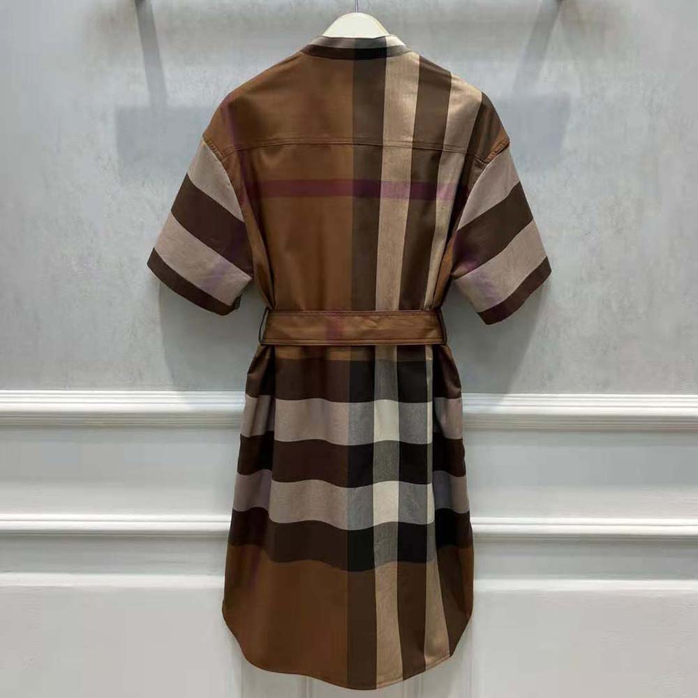 Side angle showing silhouette of Burberry Women Check Cotton Tie-waist Shirt Dress