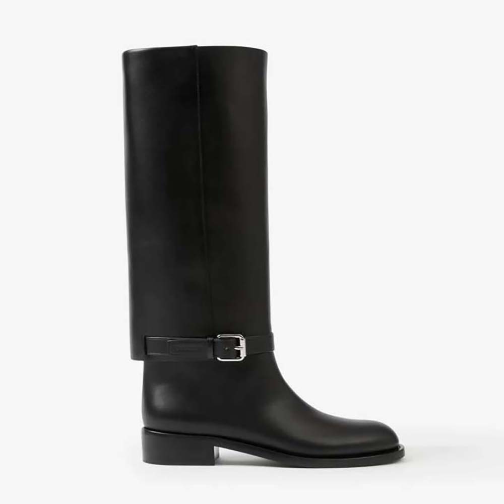 Side view of Burberry Women Leather Boots with logo-embossed ankle strap