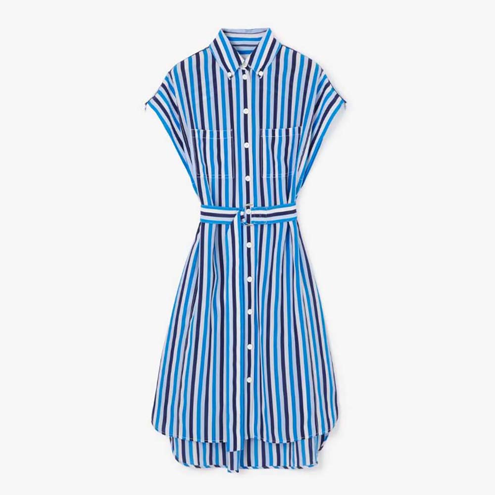 Front view of Burberry Women Striped Silk Shirt Dress-Blue showing stripes