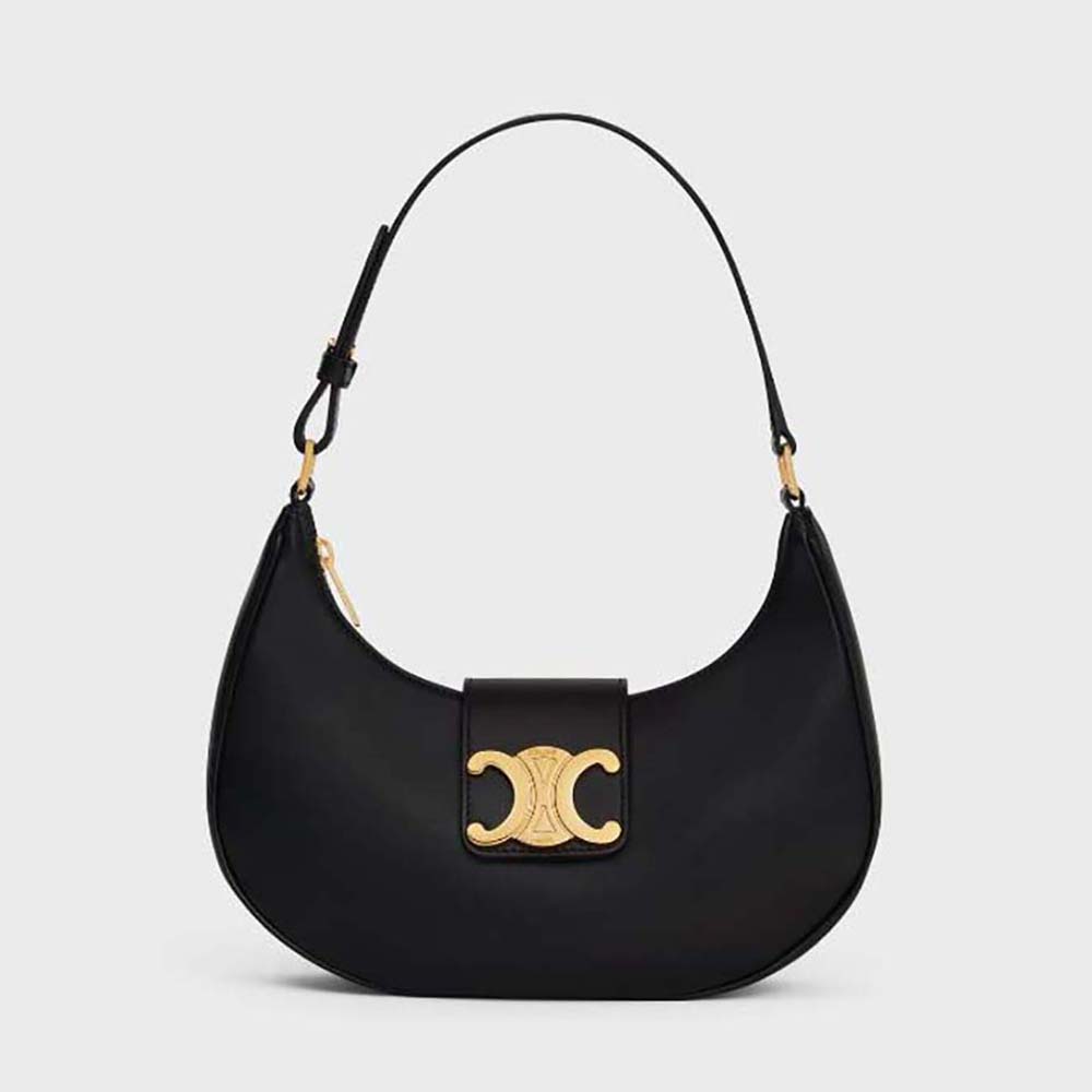 Front view of Celine Women Ava Triomphe Soft Bag in smooth black calfskin
