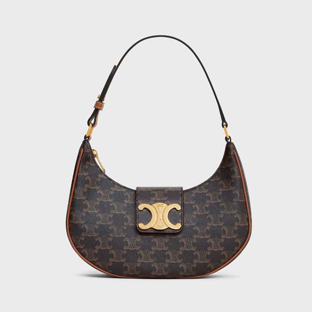 Front view of Celine Women Ava Triomphe Soft Bag in brown canvas leather