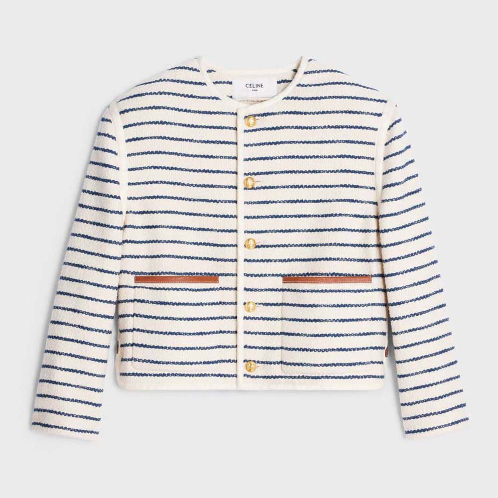 Front view of Celine Women Cardigan Jacket with Leather Details in Striped Cotton