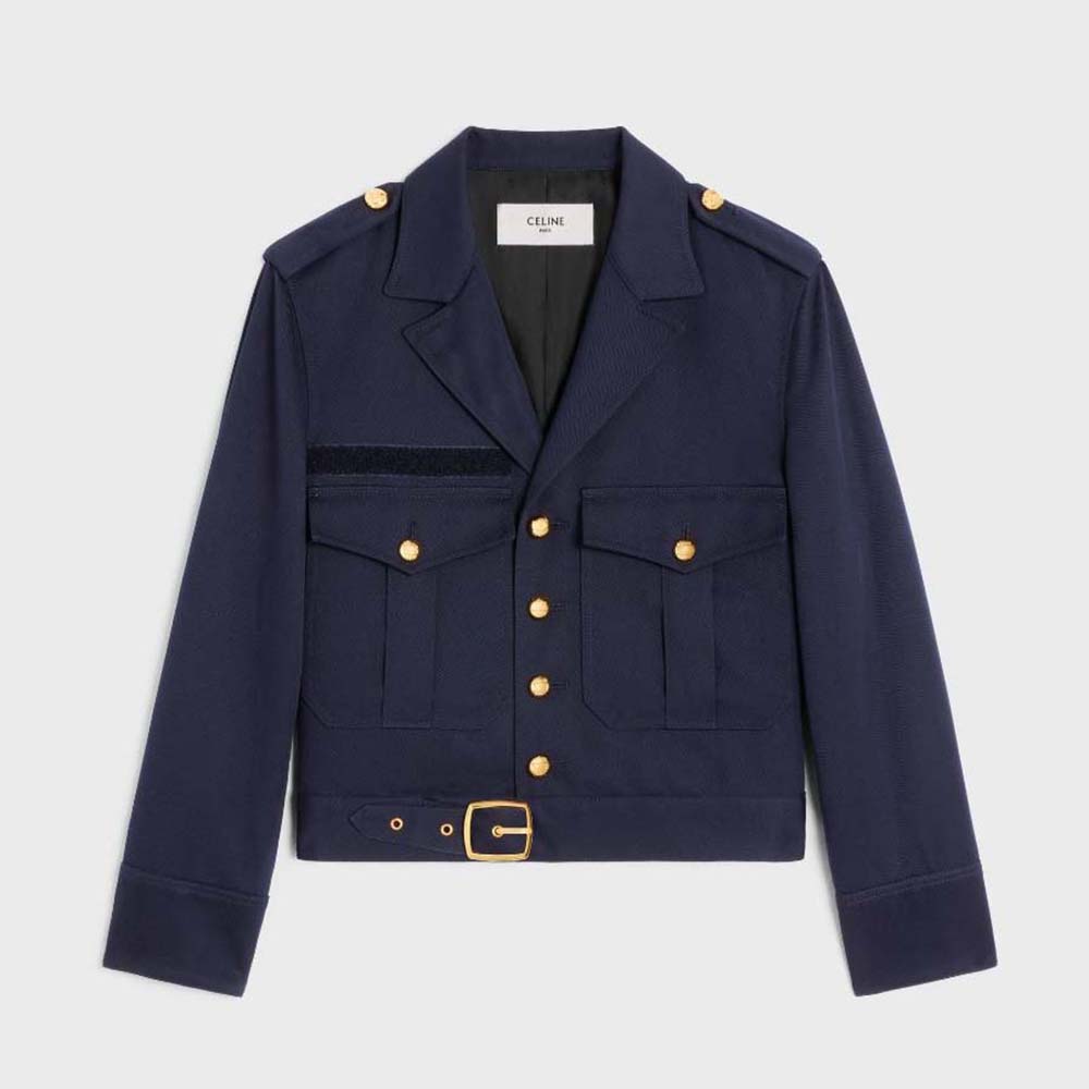 Front view of Celine Women Cropped Saharienne Jacket in Diagonal Wool