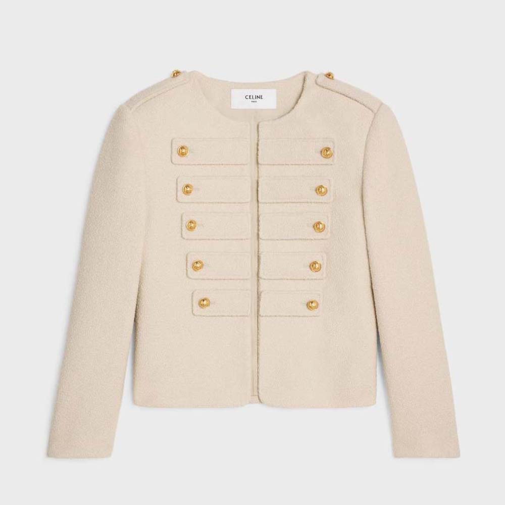 Front view of Celine Women Military Jacket in Tweed showcasing buttons