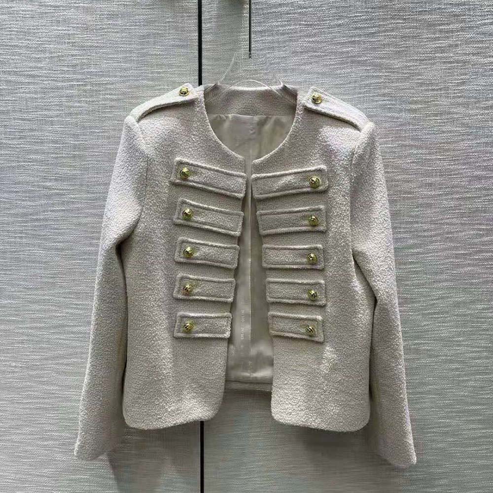 Close-up of gold-tone hardware on Celine Women Military Jacket in Tweed