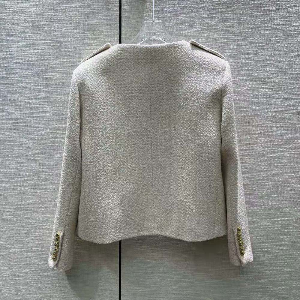 Side profile highlighting tailored silhouette of Celine Women Military Jacket in Tweed