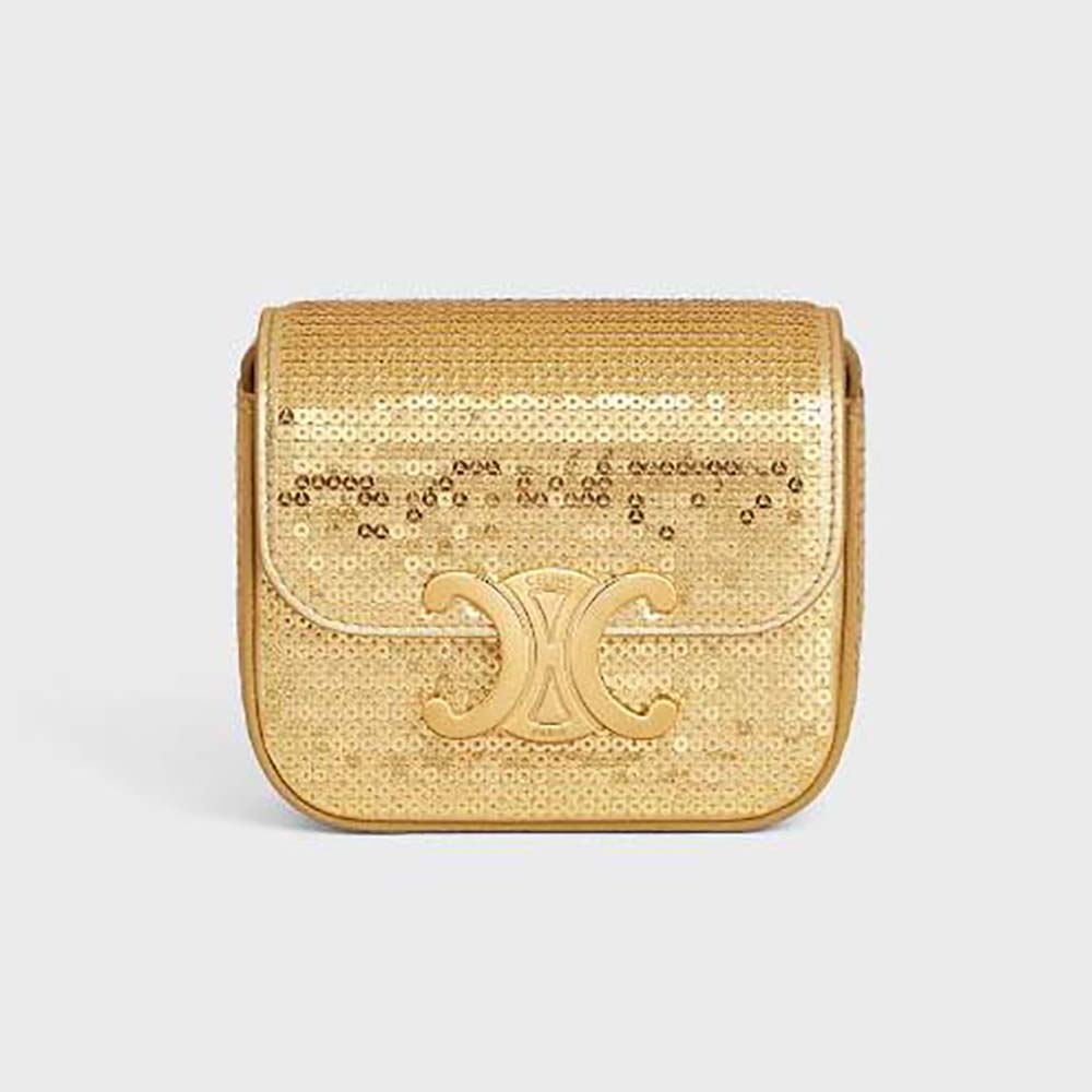 Front view of Celine Women Mini Triomphe in Sequins and Calfskin-Gold
