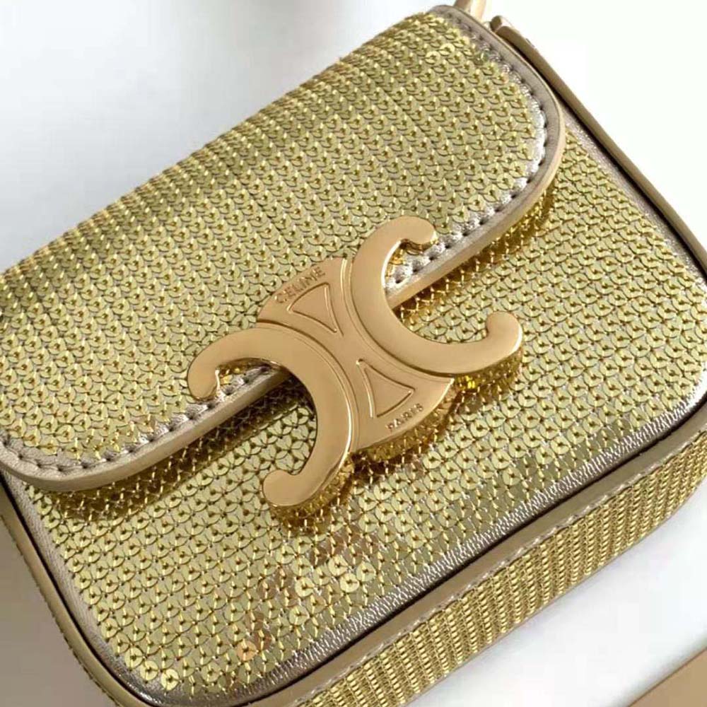 Celine Women Mini Triomphe in Sequins and Calfskin-Gold - image 7
