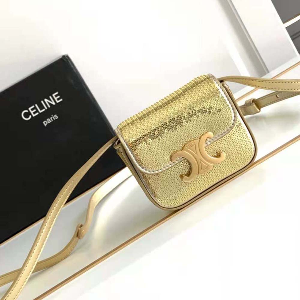 Close-up detail of gold Triomphe clasp on Celine Women Mini Triomphe