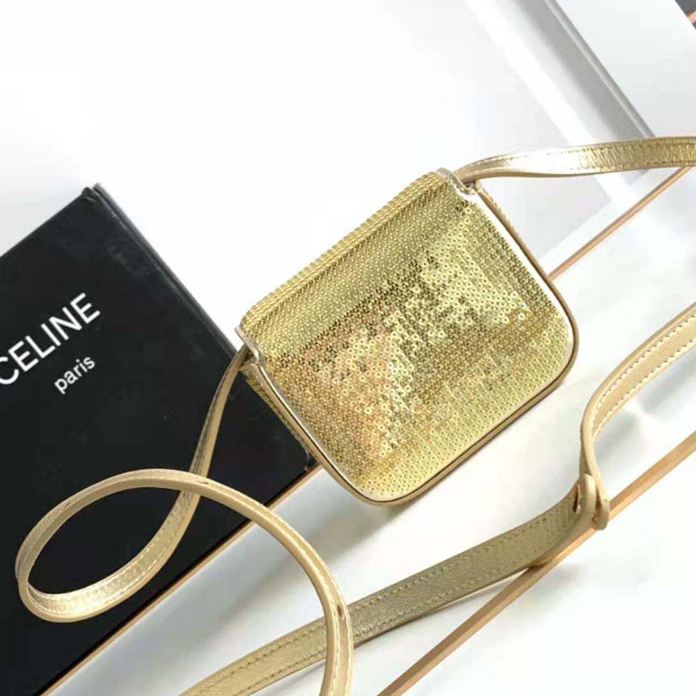 Side angle showing sequins texture on Celine Women Mini Triomphe bag