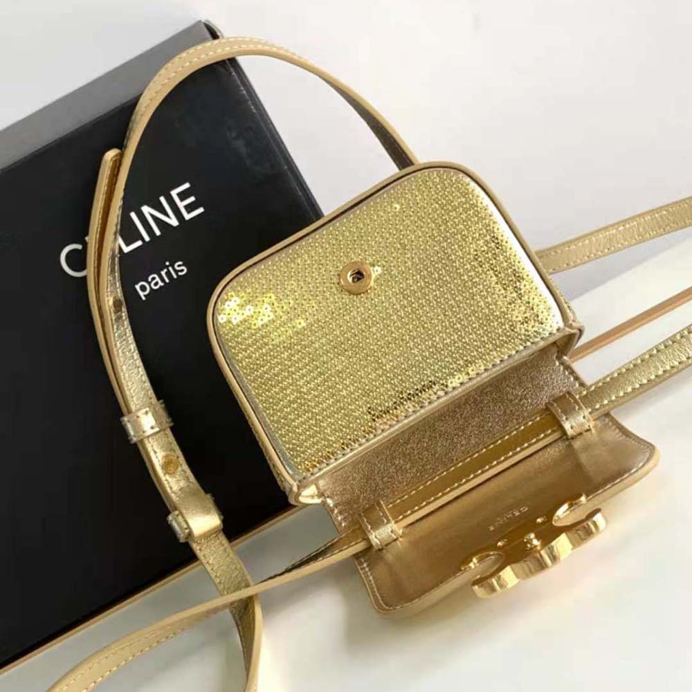Celine Women Mini Triomphe in Sequins and Calfskin-Gold - image 6