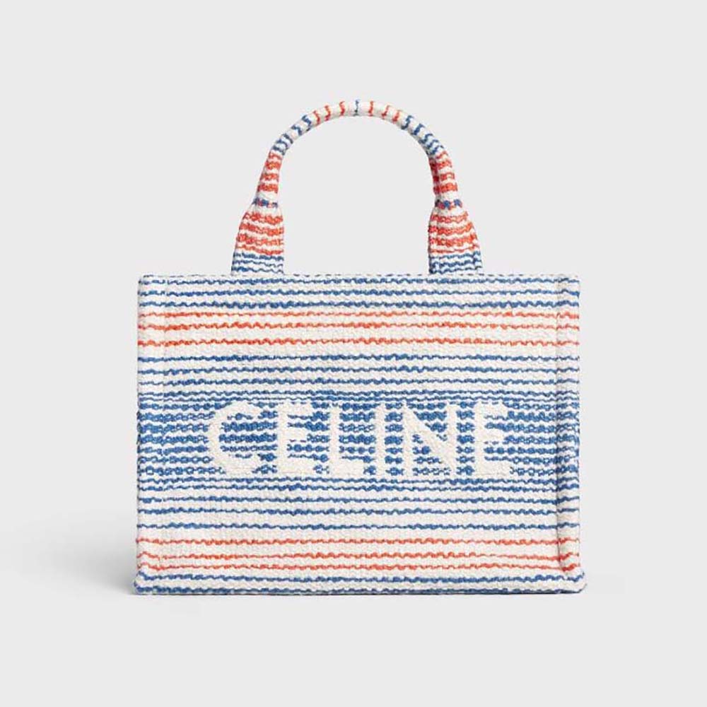 Front view of Celine Women Small Cabas Thais blue striped textile bag