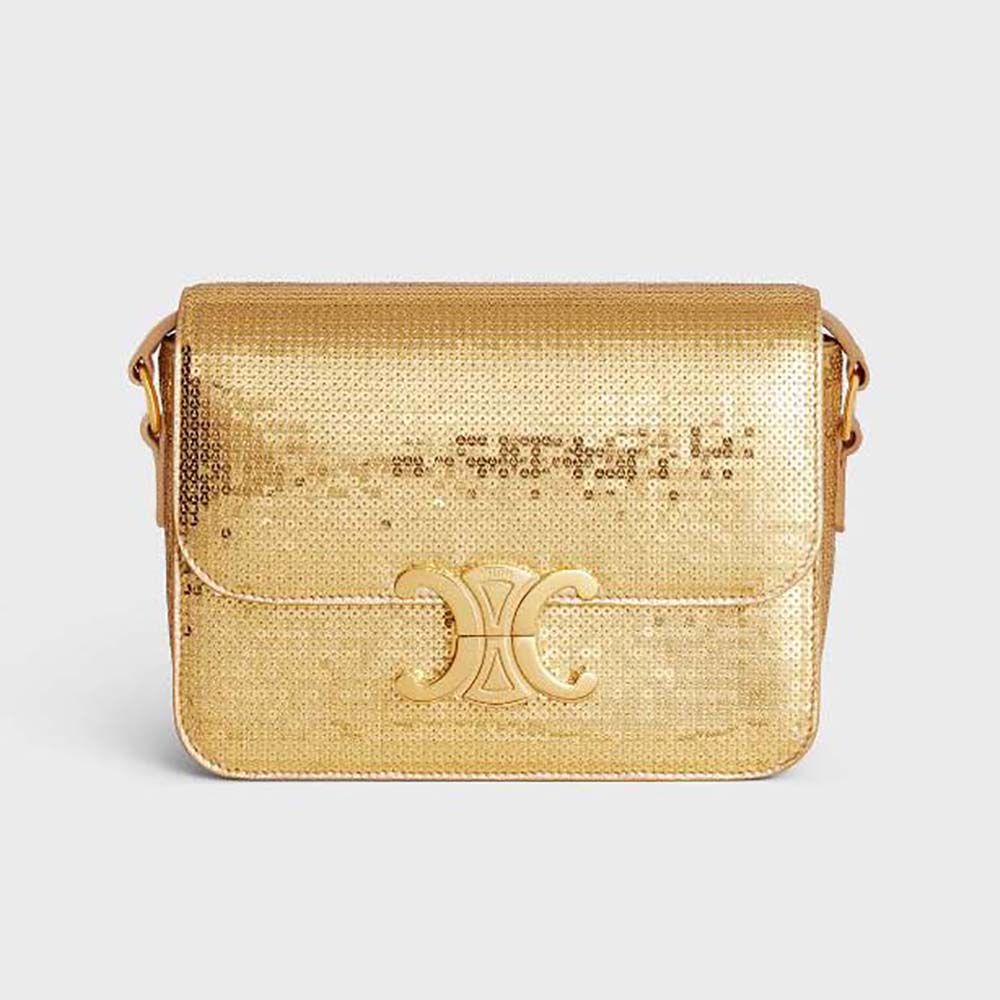 Front view of Celine Women Teen Triomphe Bag in Sequins and Calfskin-Gold