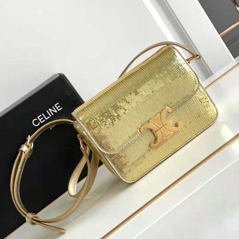 Close-up on gold Triomphe hardware of Celine Teen Triomphe Bag