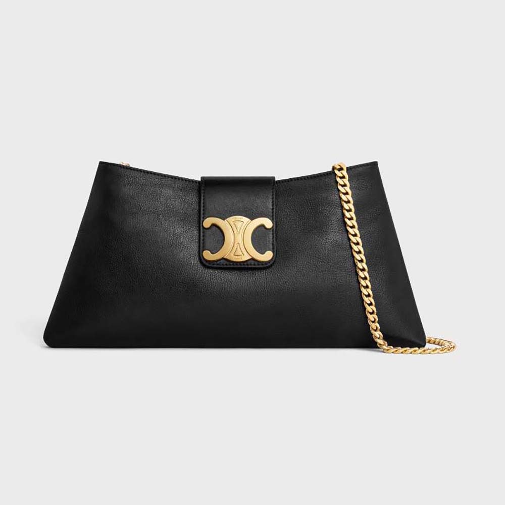 Front view of Celine Women Wiltern Clutch Triomphe Soft in Black leather
