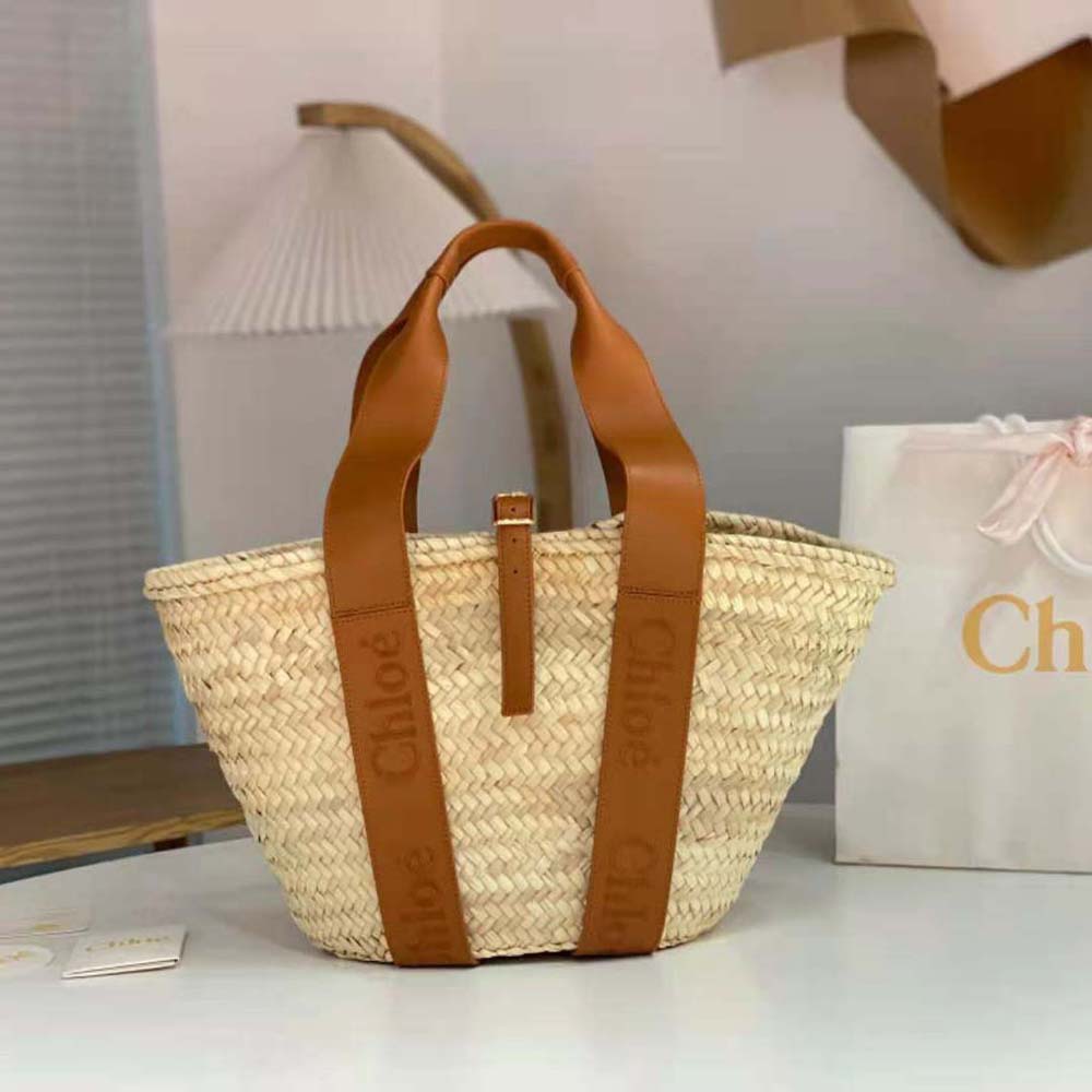 Close-up of woven leather and gold hardware on Chloe bag